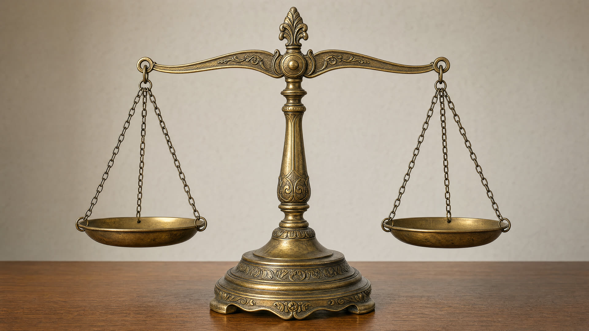 Brass scales of justice on a desk at a Singapore law office