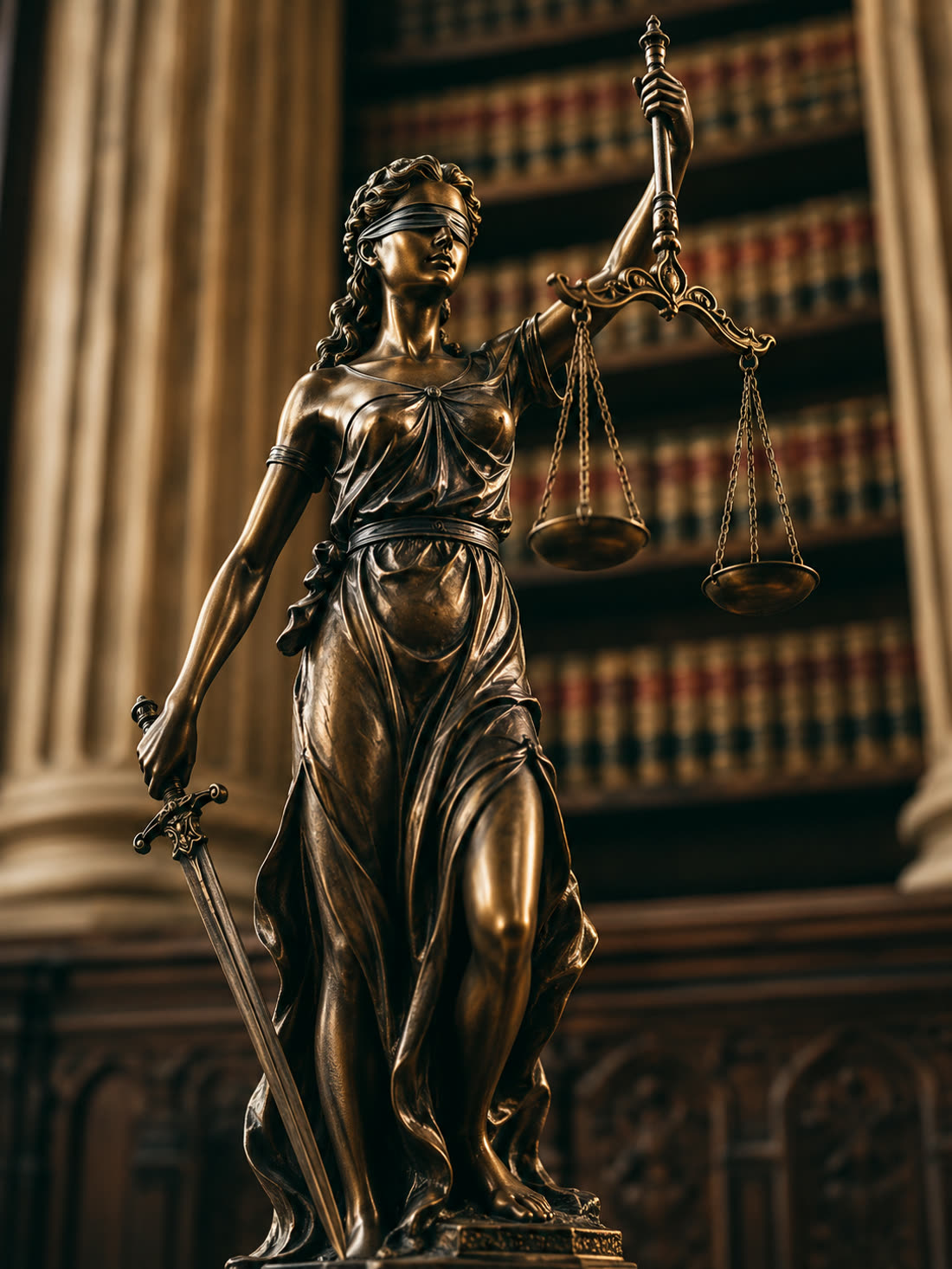 Bronze figure of Lady Justice holding the scales